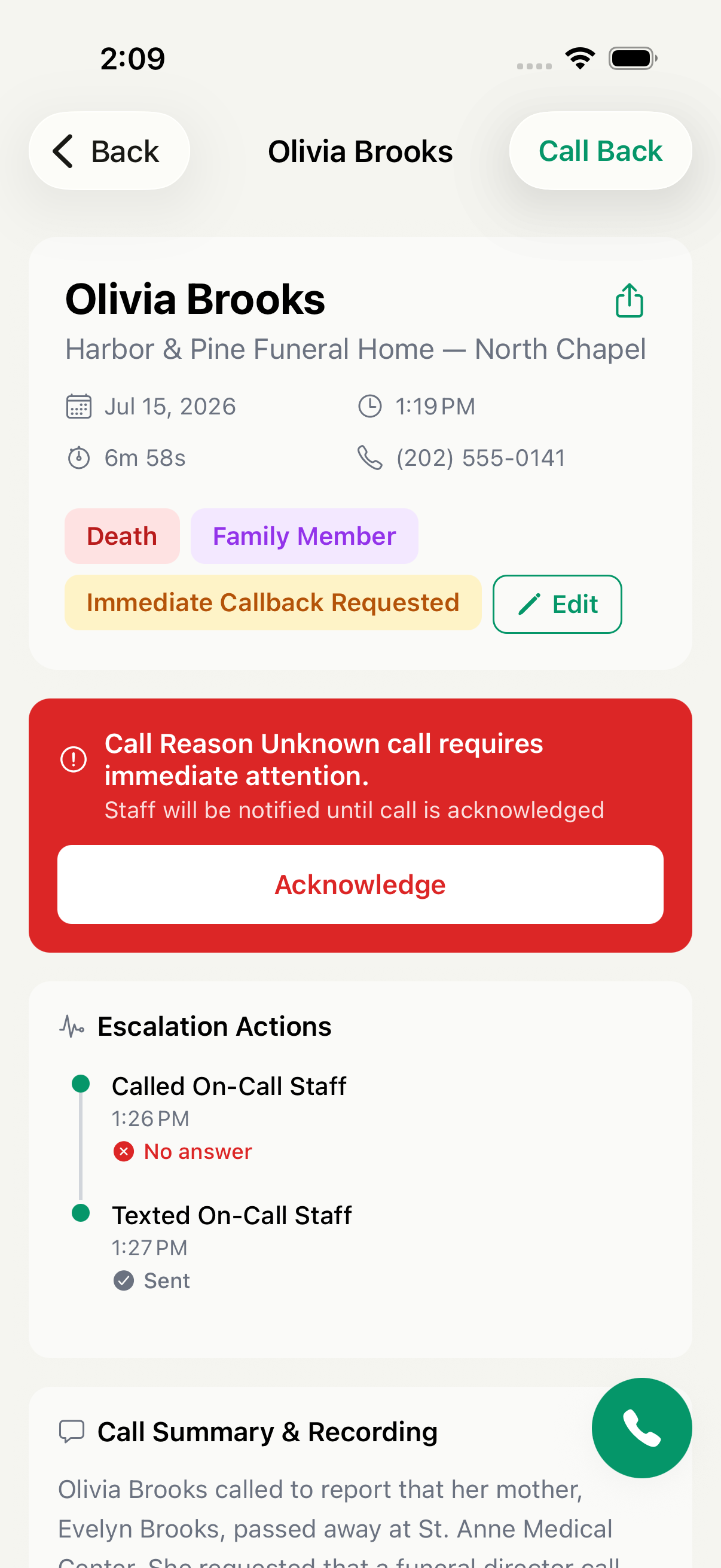 Miraven mobile conversation detail for a fictional Olivia Brooks death call with an open escalation and notification timeline.