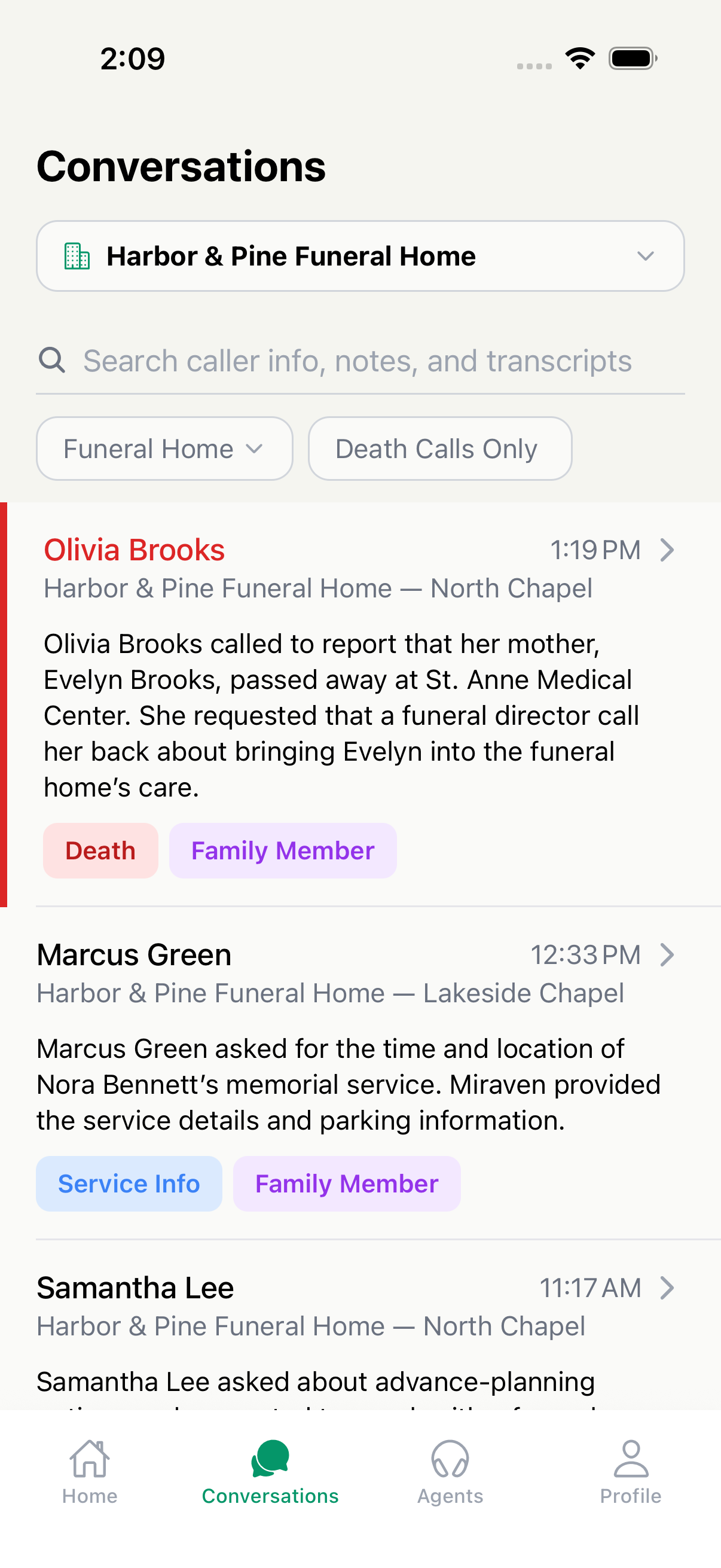 Miraven mobile Conversations list with four fictional calls and search and filter controls.