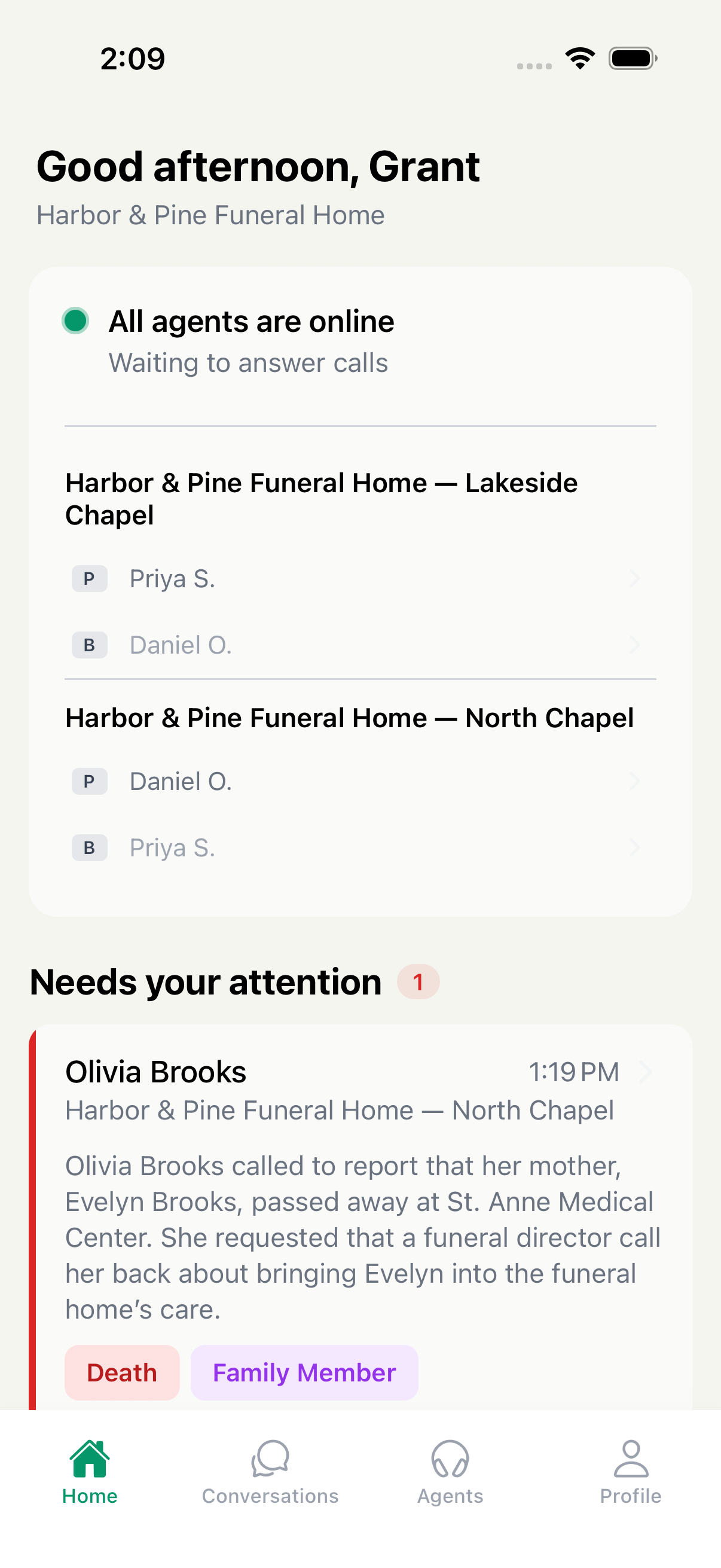 Miraven mobile Home screen for Harbor and Pine Funeral Home with two agents and one fictional open escalation.