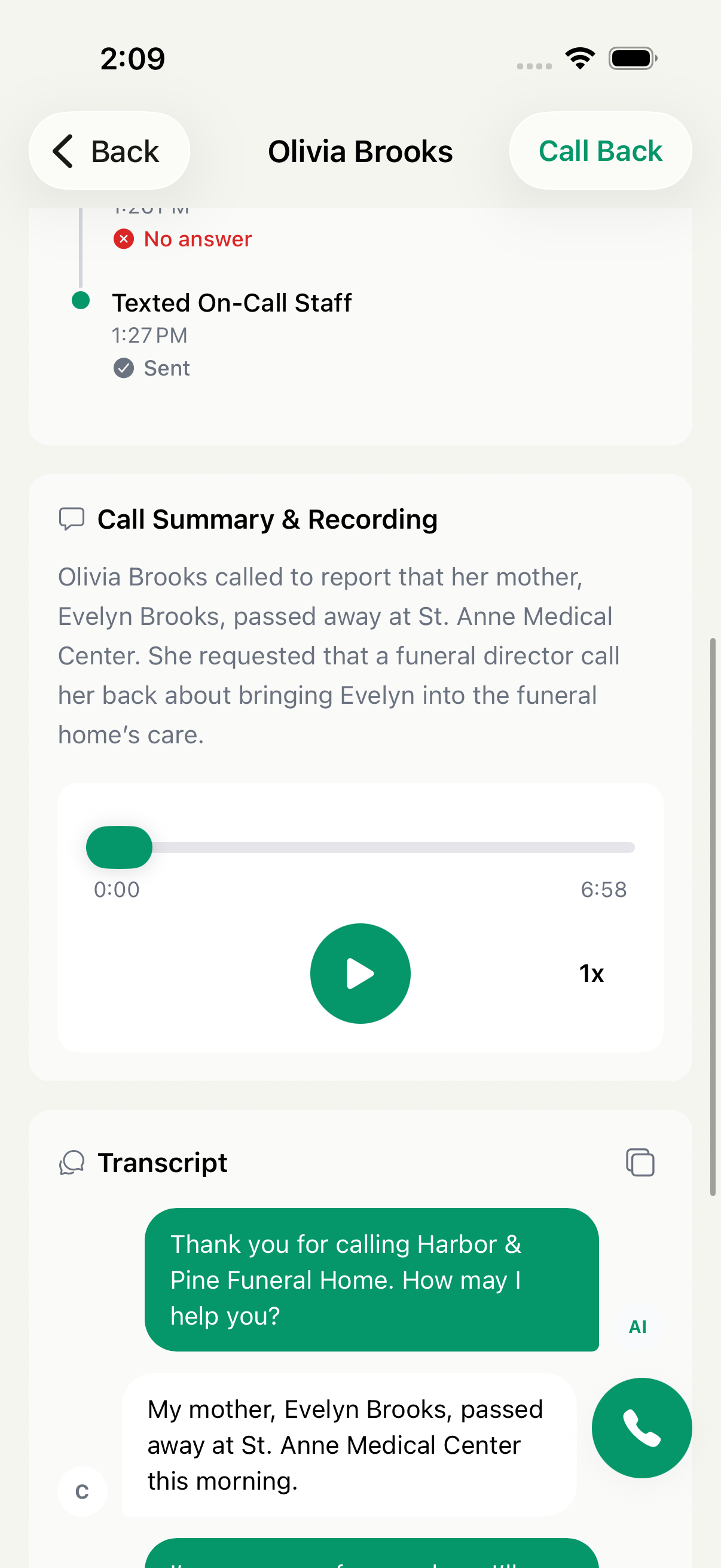 Miraven mobile call detail showing recording playback controls and a fictional call transcript.