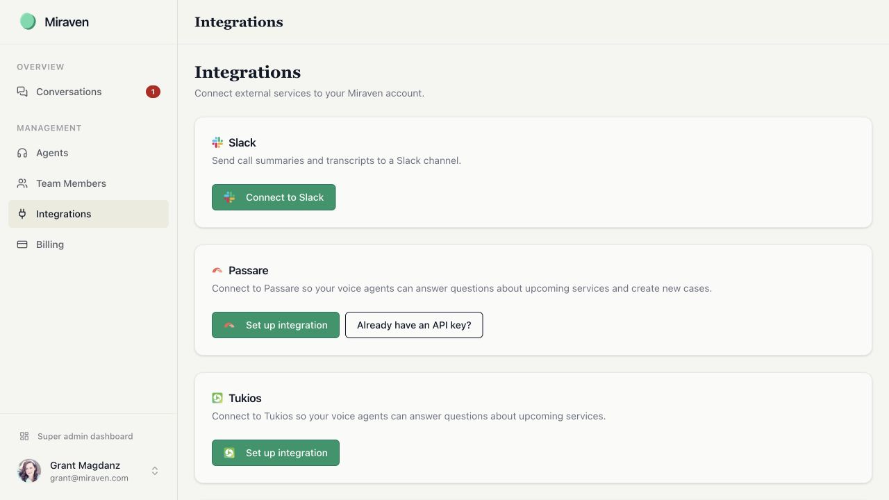 Passare integration setup card showing the Set up integration and Already have an API key actions.