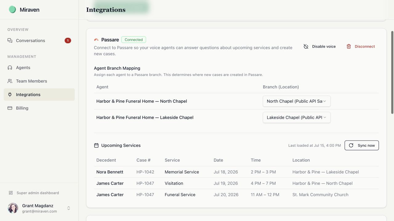 Upcoming Services table populated from a Passare sandbox with fictional service data.