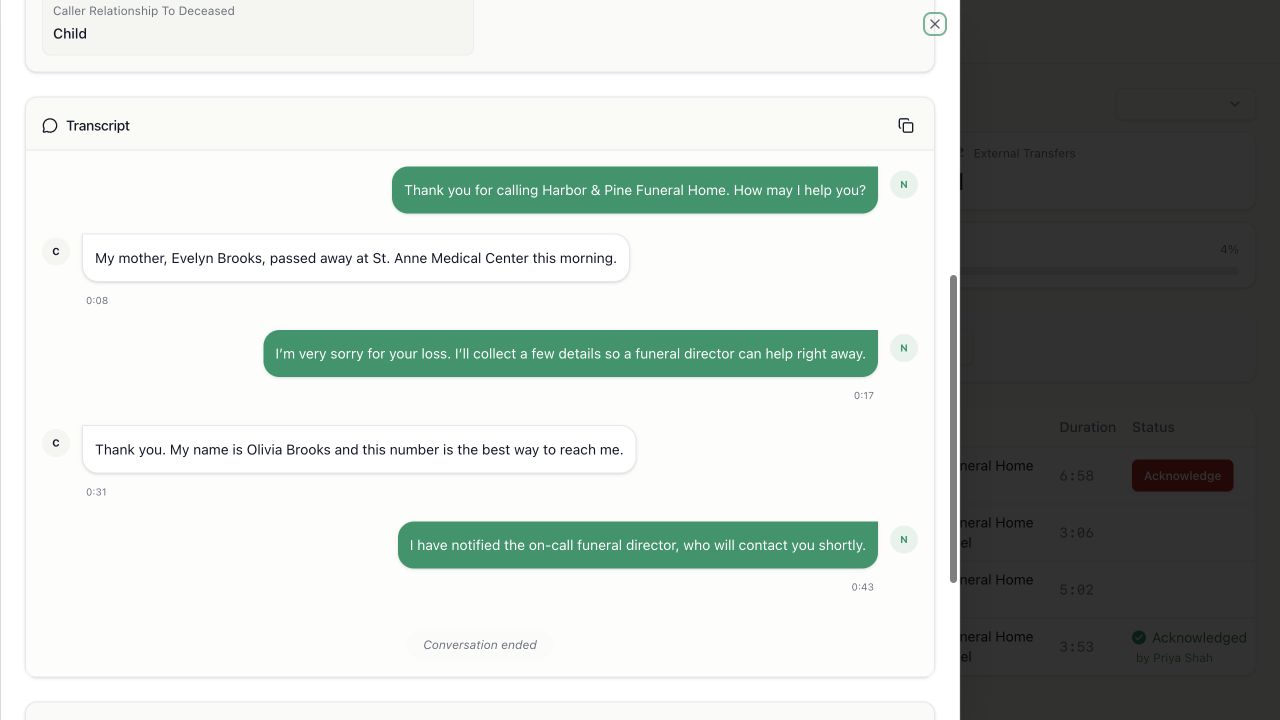 Fictional Miraven call transcript between the voice agent and Olivia Brooks with a copy button.